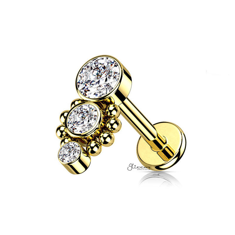 Triple CZ Top Flat Back Stud - Gold-Body Piercing Jewellery, Cartilage, Cubic Zirconia, Jewellery, Labret, Tragus, Women's Earrings, Women's Jewellery-tg0141-g1-Glitters