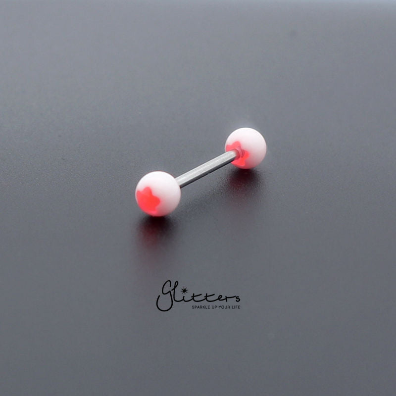 Pink Flower Acrylic Ball with Surgical Steel Tongue Bar-Body Piercing Jewellery, Tongue Bar-tr0001_flower_3-Glitters