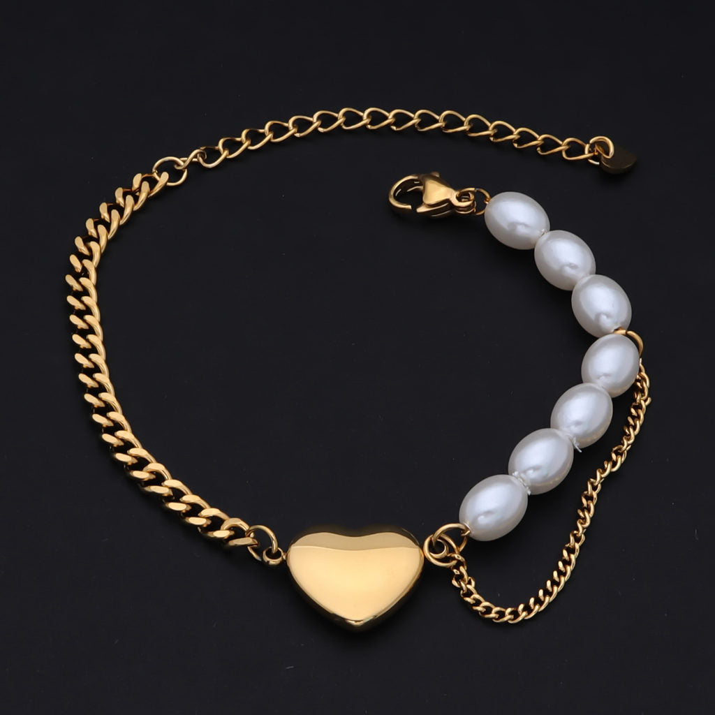 Pearls and Stainless Steel Chain Women's Bracelet with Heart Charm - Gold-Bracelets, Jewellery, New, Stainless Steel, Stainless Steel Bracelet, Women's Bracelet, Women's Jewellery-wb0006-g3_1-Glitters