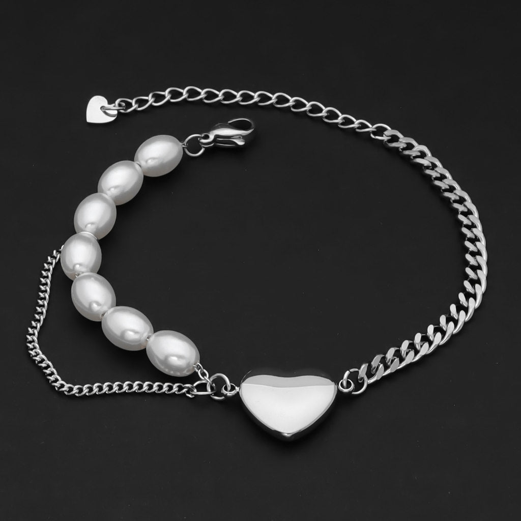 Pearls and Stainless Steel Chain Women's Bracelet with Heart Charm - Silver-Bracelets, Jewellery, New, Stainless Steel, Stainless Steel Bracelet, Women's Bracelet, Women's Jewellery-wb0006-s3_1-Glitters